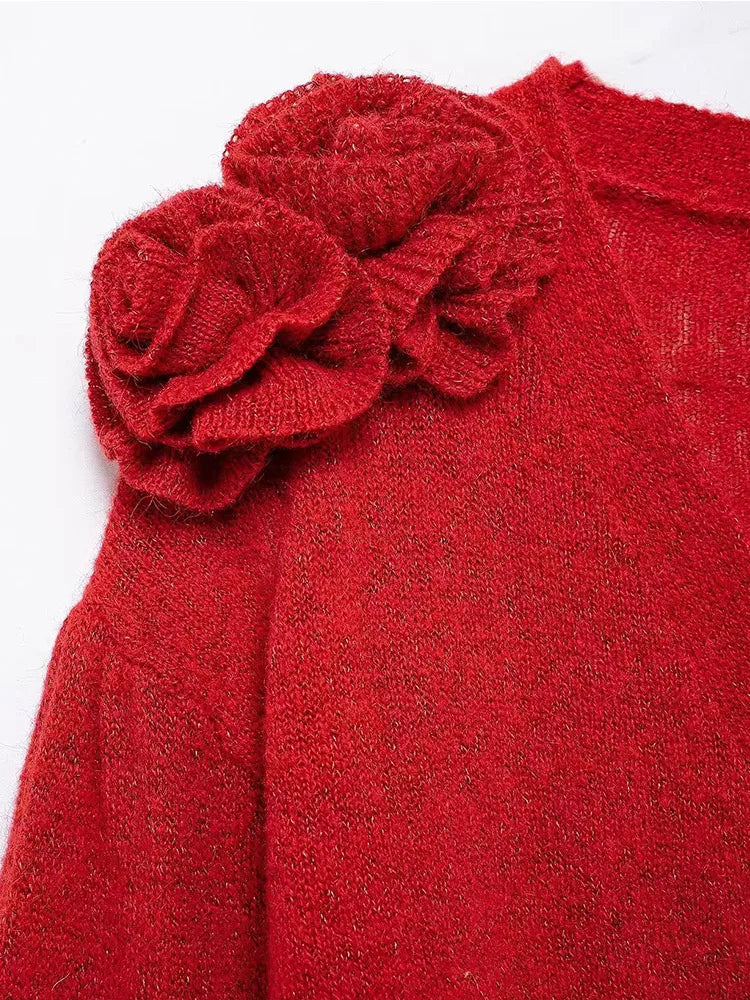 Knitted 3d Flowers Cardigan Retro V-neck Slim Long Sleeve Short Sweaters Female Spring Street Knitwear