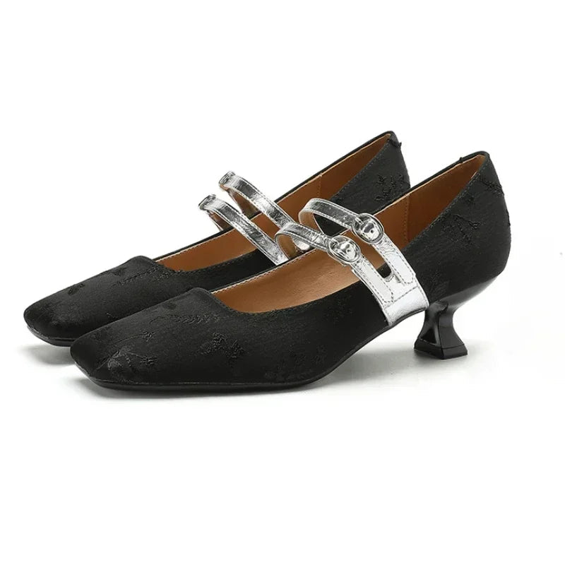 New Designer High Heels Silk Square Toe Dress Shoes Female Comfort Belt Buckle Low Heel Shoes