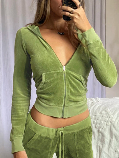 Velvet Crop Top Winter Jacket Green Pink Zip Up Hoodies Coats Skinny Overcoat