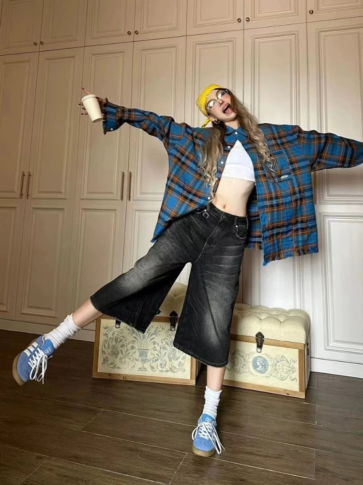 Black Calflength Shorts Jeans Oversize Wide Leg Denim Pants Y2k Causal Do Old Summer Bottoms