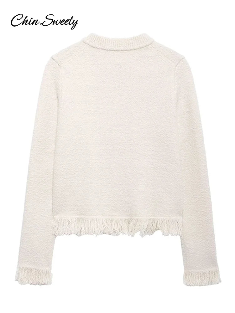 Tassel Knit Skirt Set Bow Buckle O-neck Long Sleeve Cardigan Sweater Mini Skirts Suit New in Matching Outfit