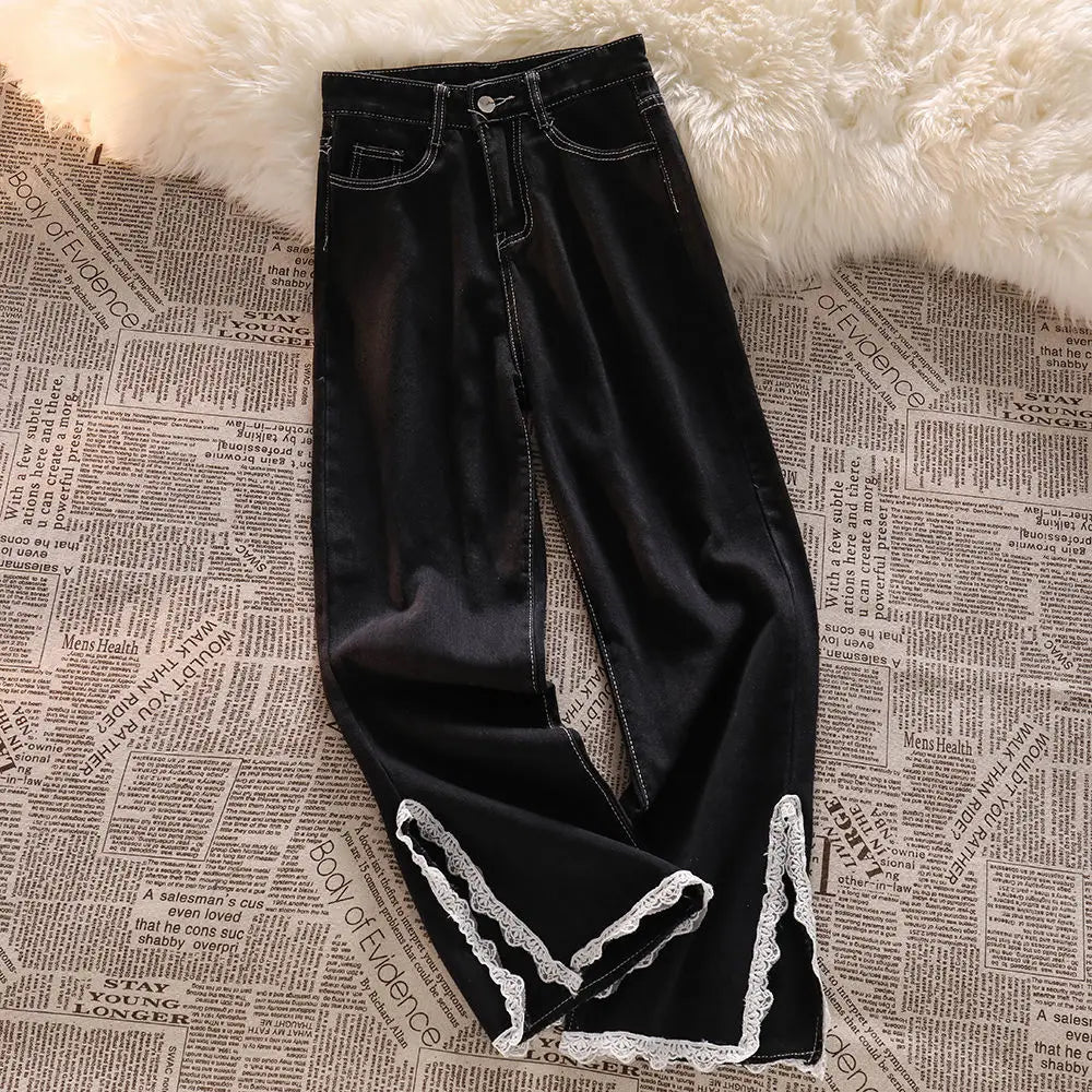 Korean Lace Slit Jeans Pants High Waist Oversize Wide Leg Trousers New Ins All Match Denim