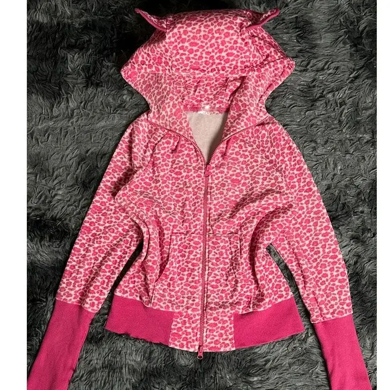 Autumn/winter American Retro Hot Girl Plum Pink Leopard Pattern Loose Hoodie Top Zipper Coat Sweatshirt for