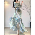 Evening Party Midi Dress Summer Long Sleeve Slash Neck Dress One Piece Dress Korean