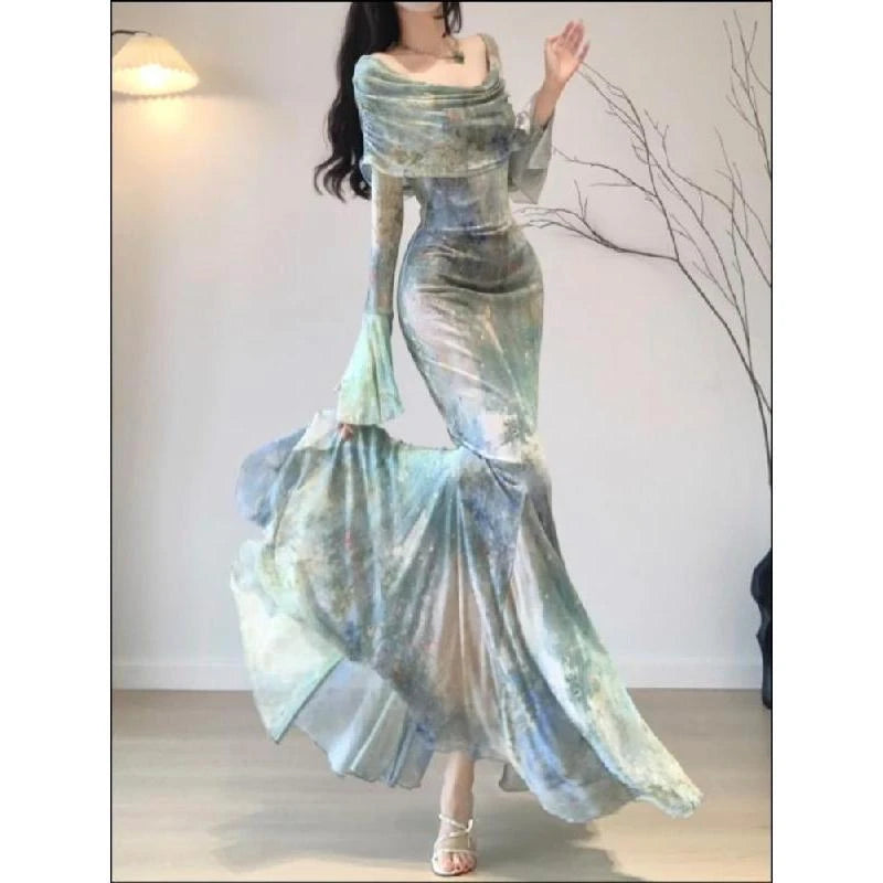 Evening Party Midi Dress Summer Long Sleeve Slash Neck Dress One Piece Dress Korean