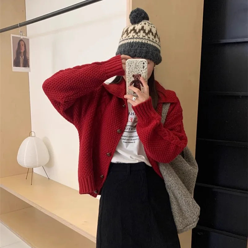 Japanese Lazy Lapel Cardigan Female Sueter Mujer New Age Reduction Sweet Sweater Coat Soft Waxy Knit Cardigan