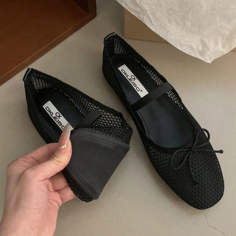 Simple Mesh Breathable Soft Bottom Mary Jane Shoes Design Bowknot Shallow Mouth Flat Shoes Party Ballet Dance Shoe
