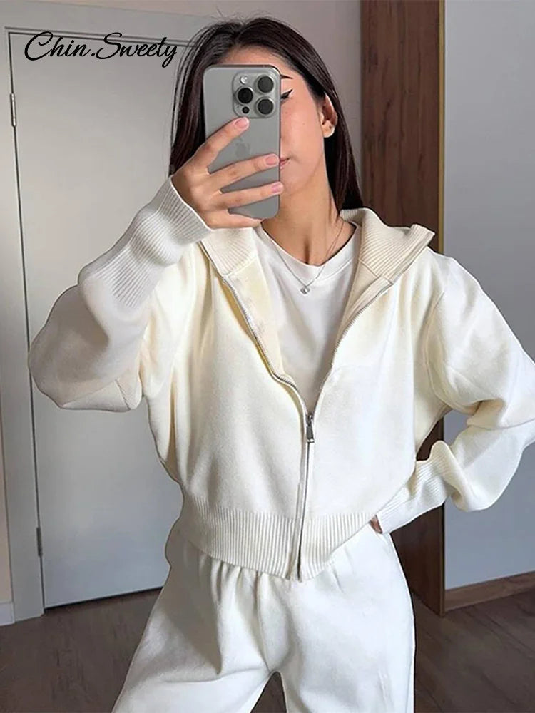 Knitted Pants Sets Stand Collar Zipper Cardigan Loose High Waist Pants Suits Autumn Winter New in Matching Outfits