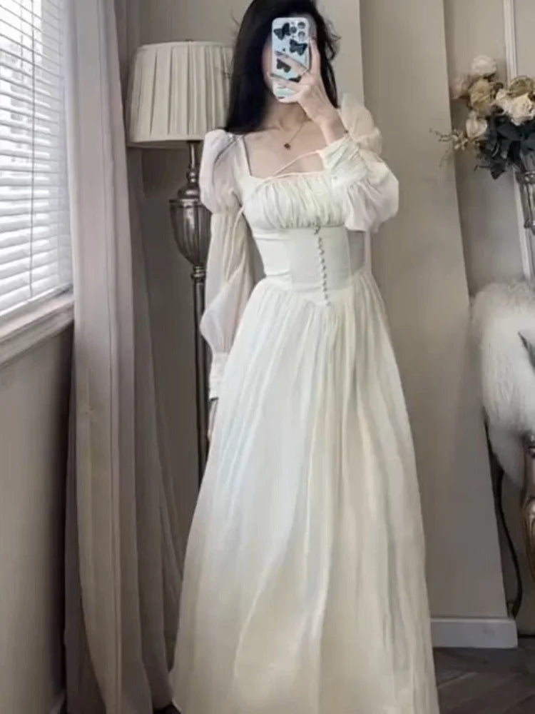 French Lantern Sleeve Lace Up Midi Dress Spring and Summer Square Neck Evening Party Prom Robe Dress