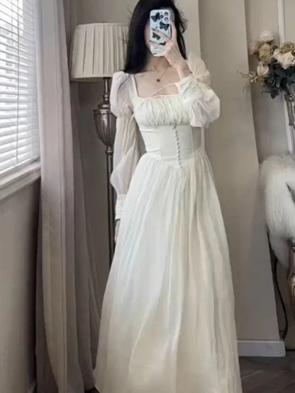 French Lantern Sleeve Lace Up Midi Dress Spring and Summer Square Neck Evening Party Prom Robe Dress
