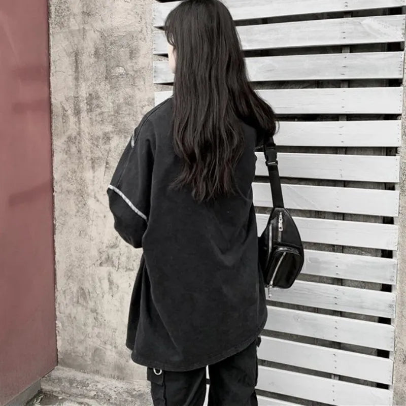 Hoodies Harajuku Bf Style Black Hip-hop Teens Sweatshirts Autumn All-match Daily Simple Df4940
