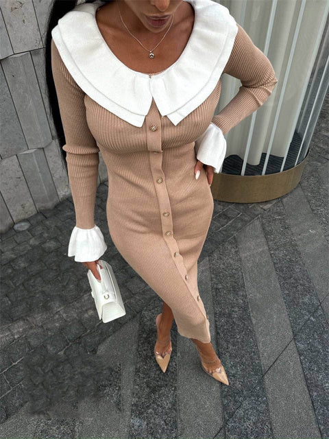 Knit Patchwork Long Dress ’s Ruffled Slim Contrast Ribbed Party Dress Knitwear Autumn Maxi Dress New