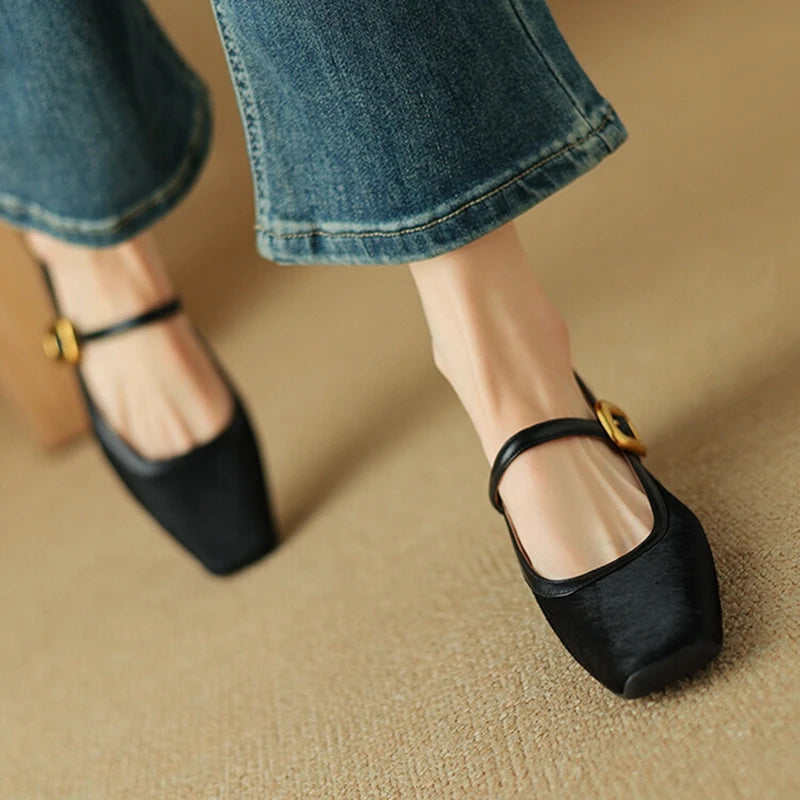 New Spring/autumn Pumps Square Toe Chunky Heel Shoes Horsehair Leopard Shoes for Concise High Heel Buckle Mary Janes