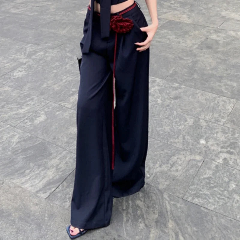 Summer New High Street Lace Up 3d Flower Loose Wide Leg Pants + Patchwork Camisole Twopiece Suit