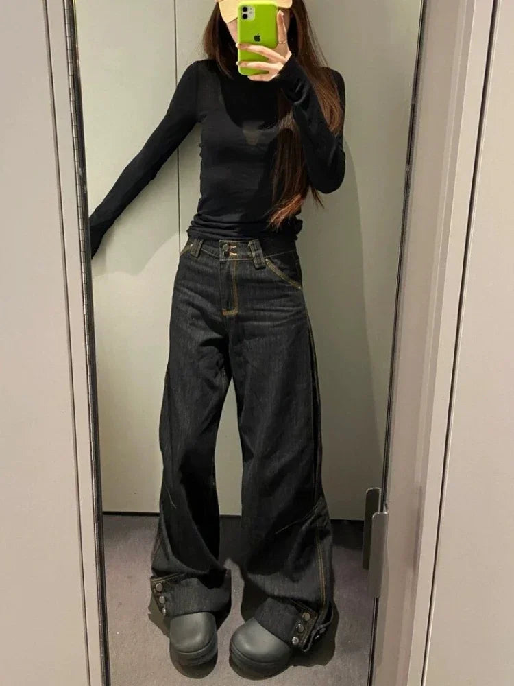 Black Wide Leg Jeans With Rivets Y2k High Wasit Denim Pants Korean Style Kpop Baggy Harajuku Trousers New