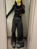 Black Wide Leg Jeans With Rivets Y2k High Wasit Denim Pants Korean Style Kpop Baggy Harajuku Trousers New