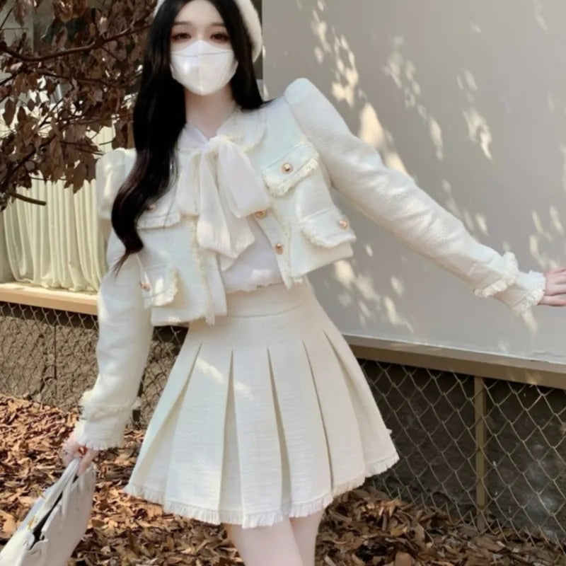 Autumn New French Tweed Two-piece Skirt Set Short Jacket Coat + Pleated Mini Skirt Suits Korean Outfits