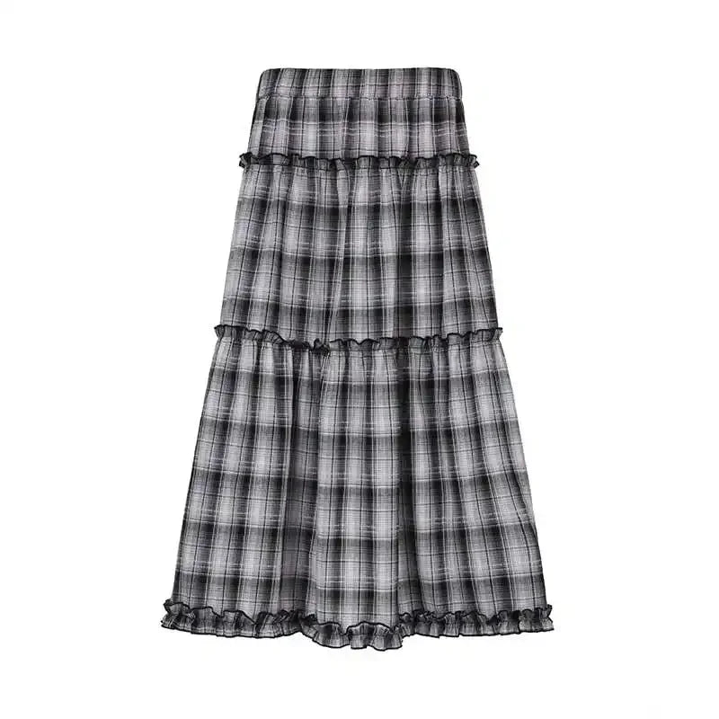 Contrast Color Plaid Aline Skirt Autumn New Korean Pleated Loose All Match Midlength Skirt