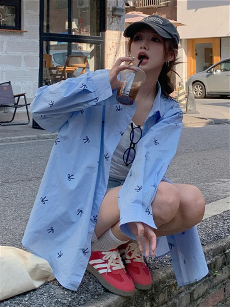 Printed Blue Shirts Autumn Daily Mujer New Loose High Street Full Sleeve Office Lady Coats