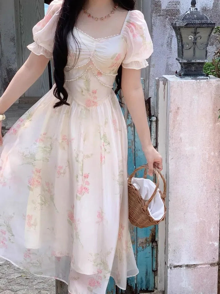 Print Midi Dress Summer New Square Collar Female Puff Sleeve Fairy Holiday Vestidos