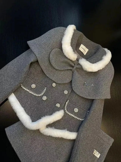 Sweet Hot Girl Suit Autumn/winter Fur Collar Padded Coat Highwaisted Aline Skirt Twopiece Set Female Clothes