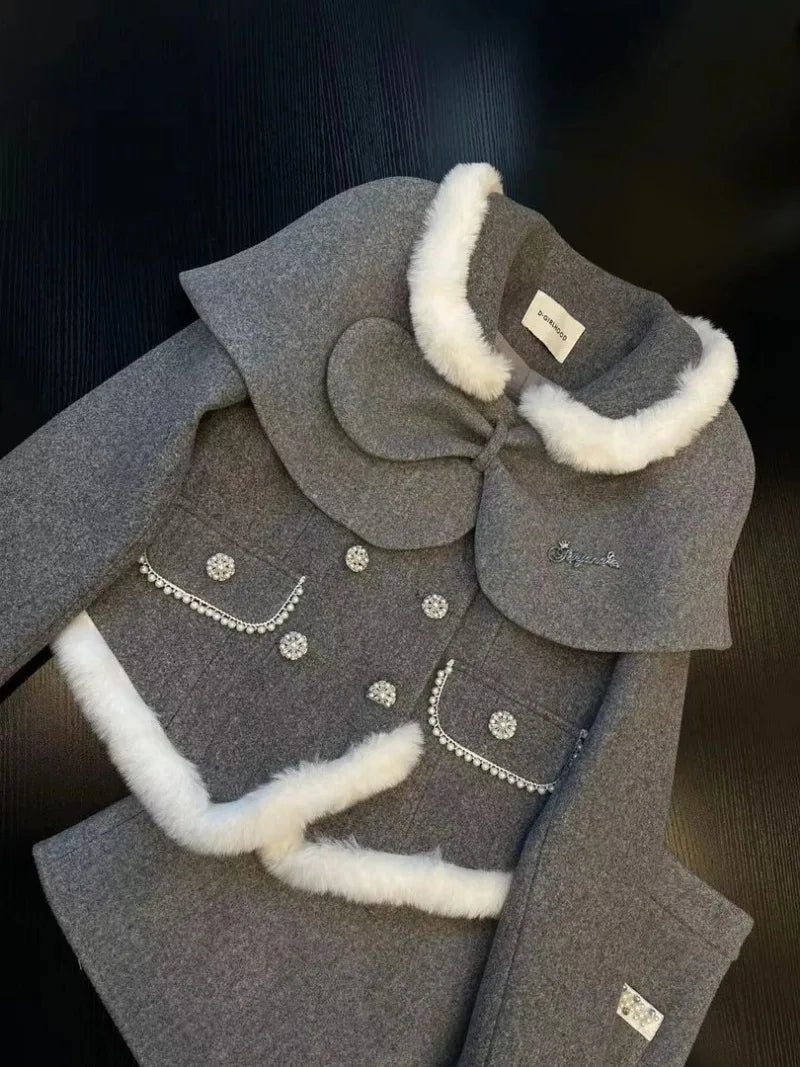 Sweet Hot Girl Suit Autumn/winter Fur Collar Padded Coat Highwaisted Aline Skirt Twopiece Set Female Clothes
