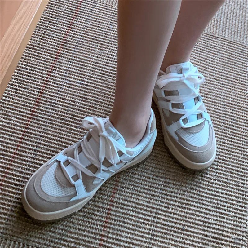 Sneakers Spring Summer Outdoor Mixed Colors Genuine Leather Crosstied Shoes Woman Flats Platforms