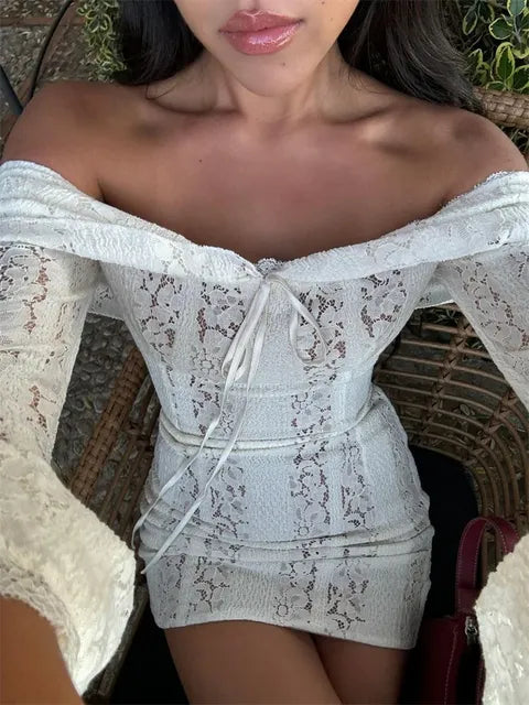 Autumn Lace Off-shoulder Long Dress for See-through Printed Lace-up High Waist Female Party Dress New