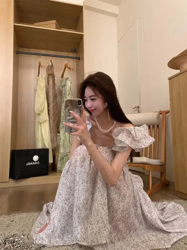 Purple Square Collar Flower Bud Sleeve Dress Summer New Fresh Sweet Fairy Temperament Long Dresses