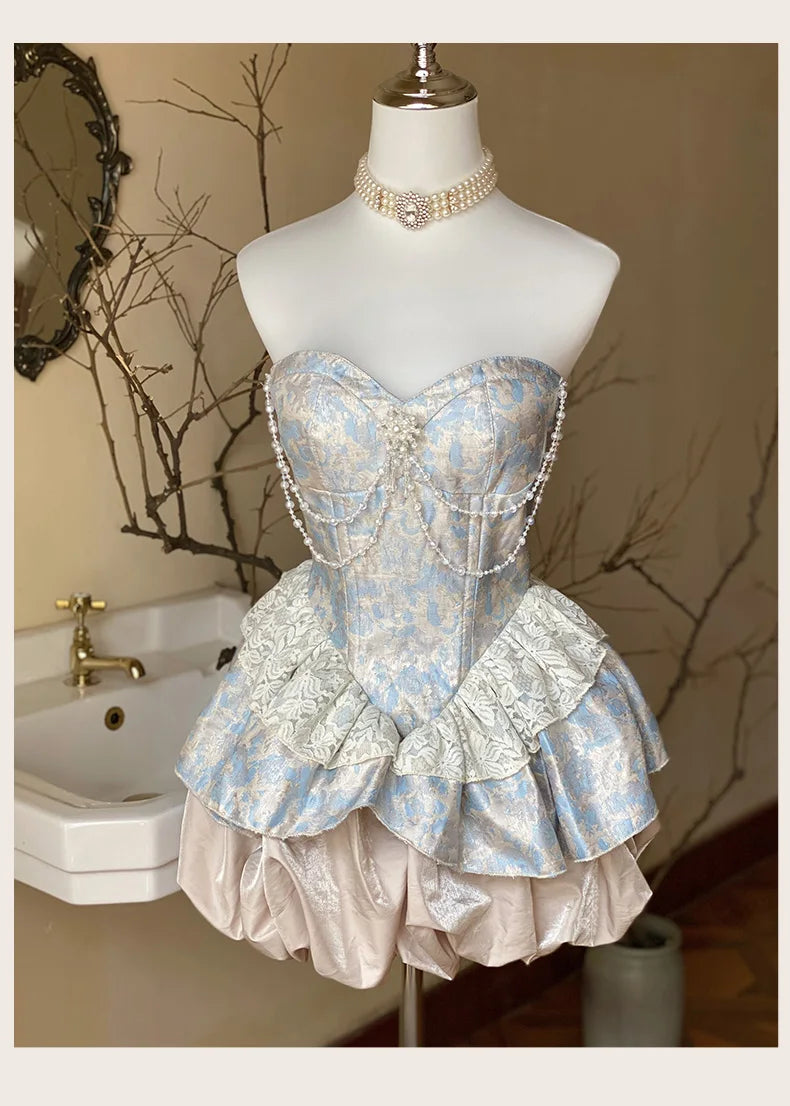 Sweet Elegance Retro Jacquard Strapless Dress for Lolita Dresses Pearl Pendant Slim Fit Patchwork Mini Dress