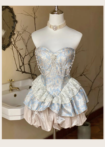 Sweet Elegance Retro Jacquard Strapless Dress for Lolita Dresses Pearl Pendant Slim Fit Patchwork Mini Dress