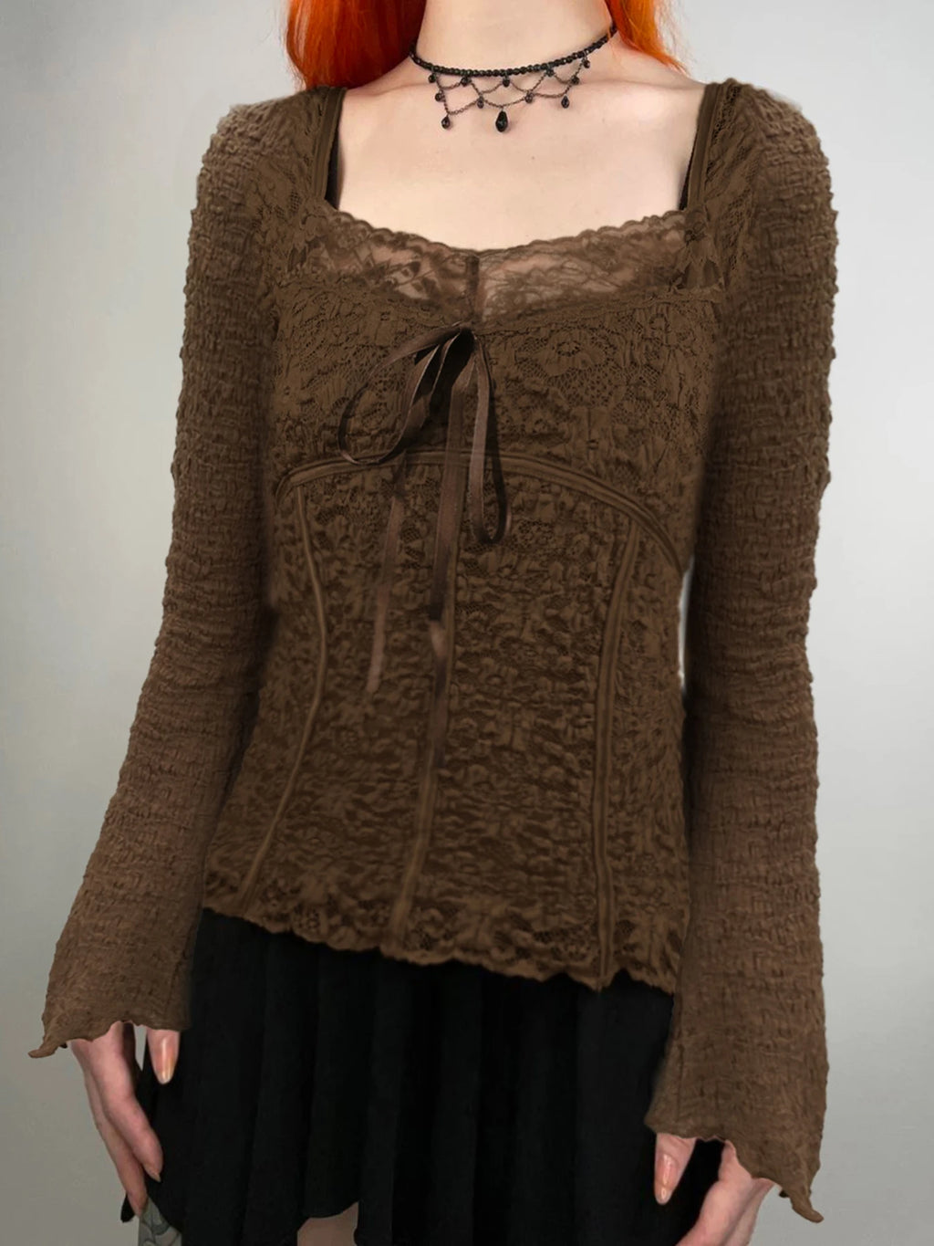 Hotsweet Lace Trim V-neck Brown Long Sleeve Blouses Bow Lace Up Flared Sleeve Slim Y2k Autumn New T-shirt