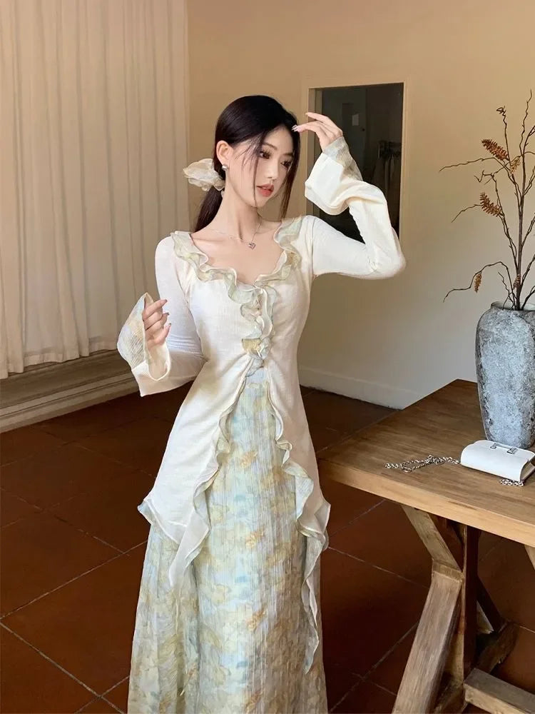 Gentle Wind Ruffle Design Dress for New Niche Shirt Top Autumn Skirt Suit Daily Long Dresses