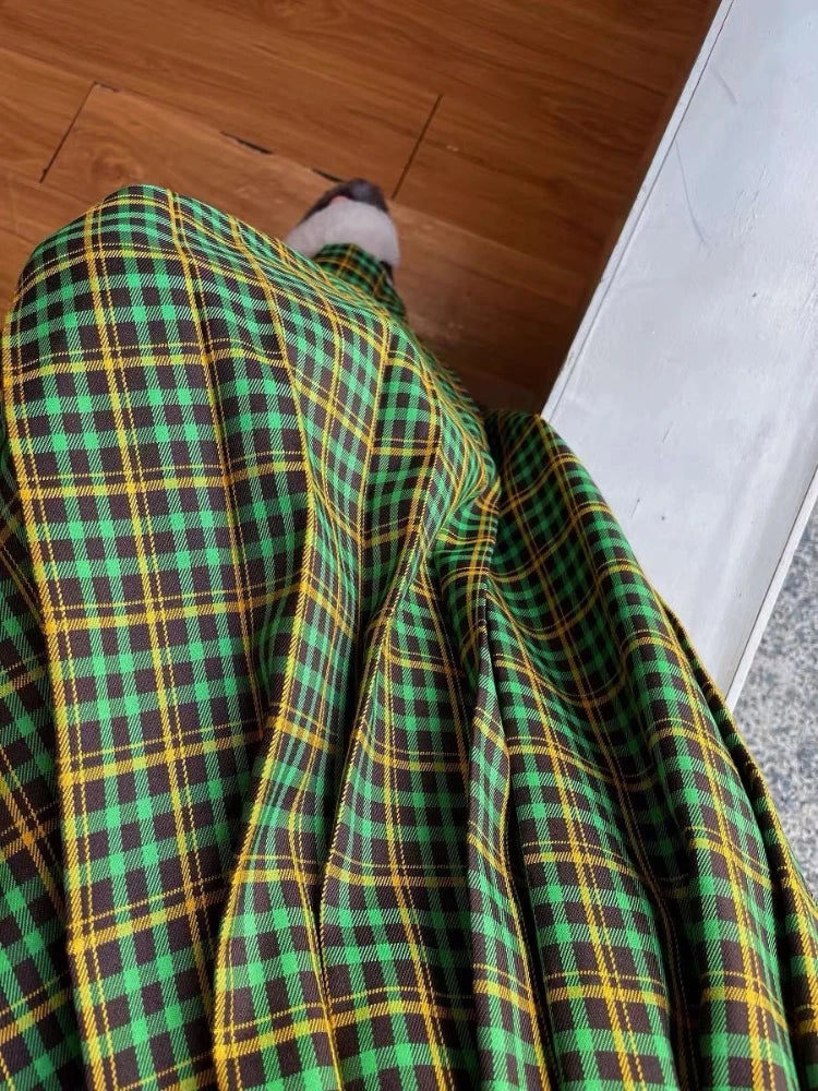 Large Plaid Skirts for Woman Autumn New Design Pleated Skirt Korean Faldas Long Elastic Waist Skirts