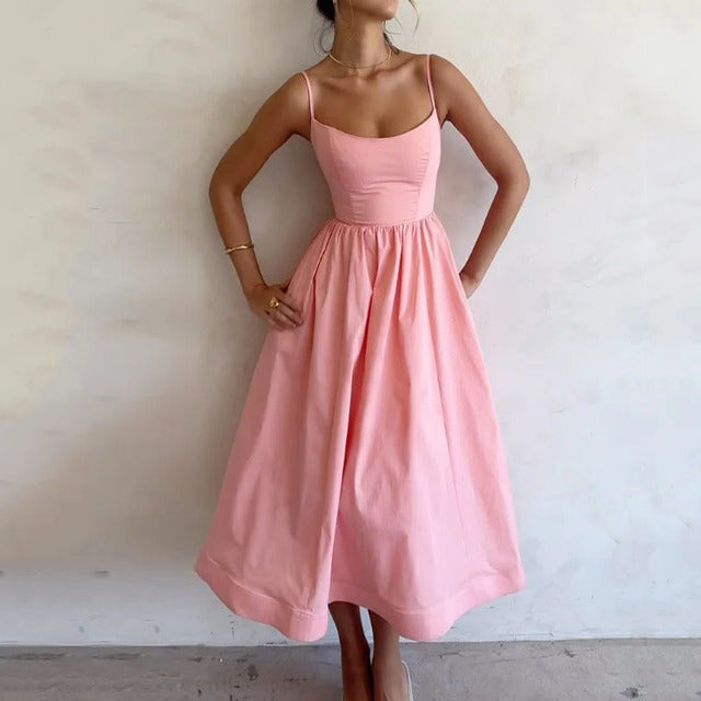 Spaghetti Strap A-line Maxi Dresses Low Cut Sleeveless Big Skirt Dress Summer New Party Vestido