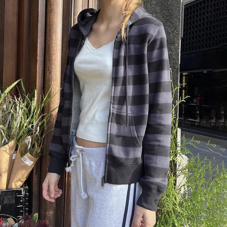 American High Street Striped Hoodie Jackets Spring Autum New Cardigan Coat Y2k Long Sleeve Zipper Tops Mujer