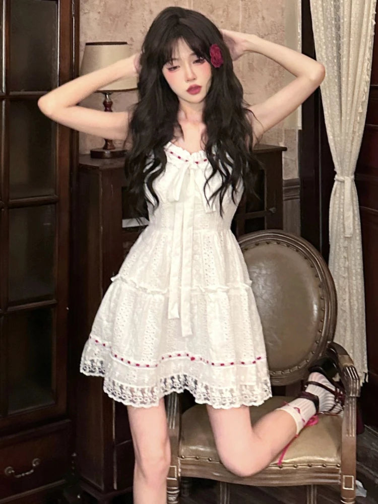 2000s Mini Dress Sweet Lace Hollow Out Sleeveless Dress Summer Birthday Party Strap Dress French