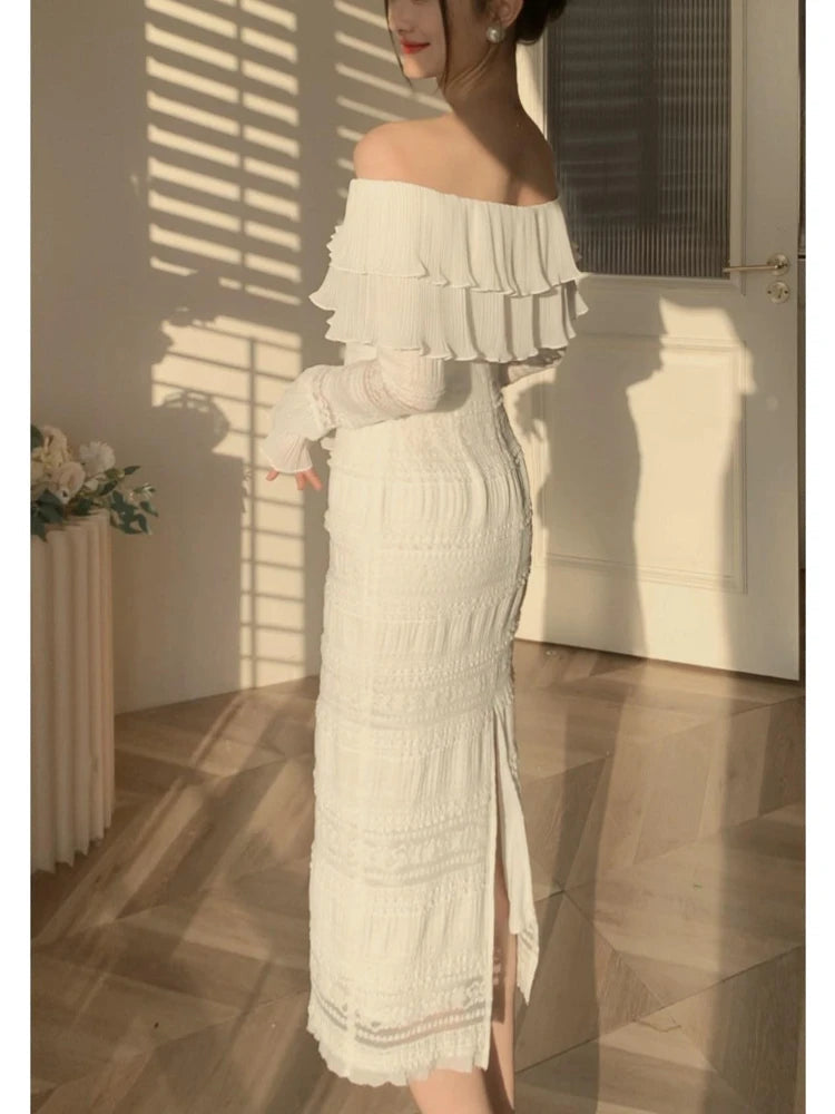 White Midi Dress Office Lady Long Sleeve Beach Party Bodycon Dress Summer One Piece Dress Korean