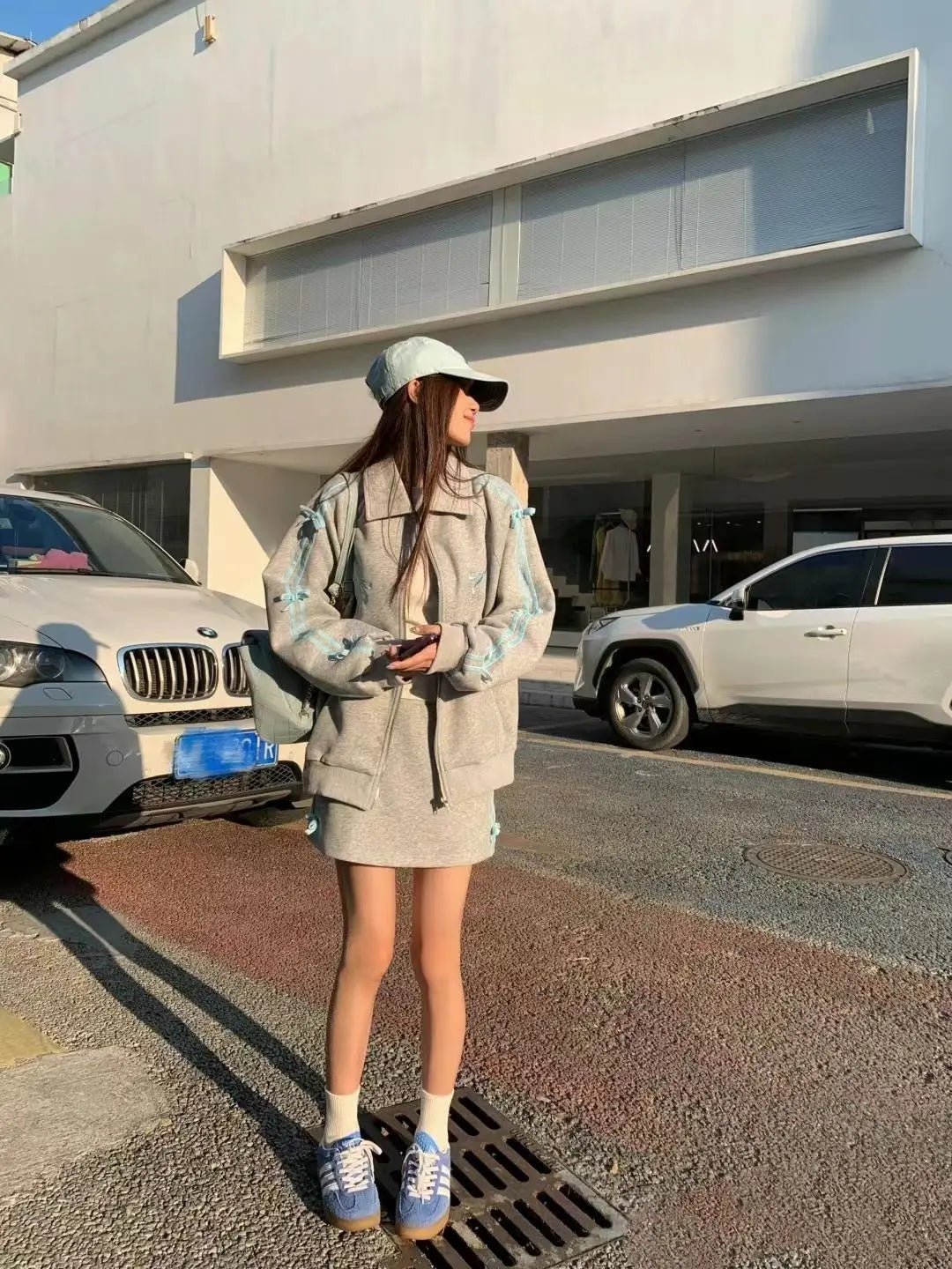 Spring Gray Two Piece Set Outfits Sports Style Plush Loose Zipper Hoodies Coat Aline Short Skirt Set