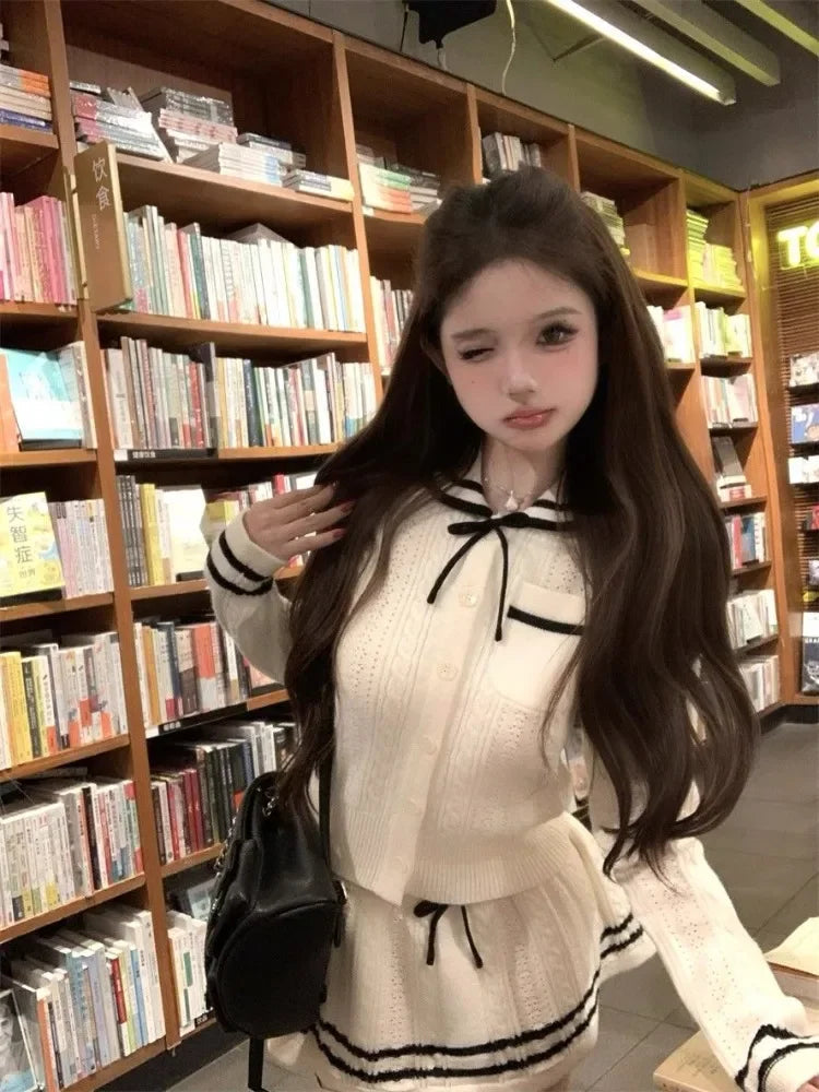 Two Piece Sets Bow Turn Down Collar Patchwork Cropped Cardigan Knitted Sweater Slim Stretch Mini Skirts Sweet Suits