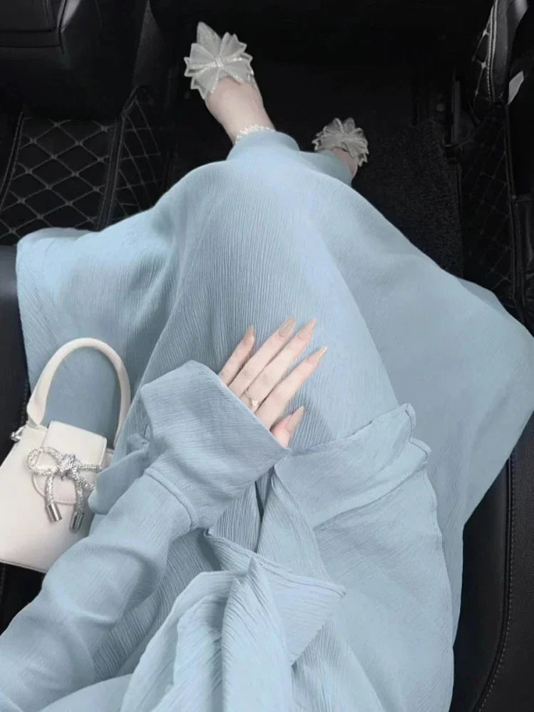 Autumn French Party Chiffon Skirt 2 Piece Set Blouse + Office Lady Fairy Midi Skirt Korean