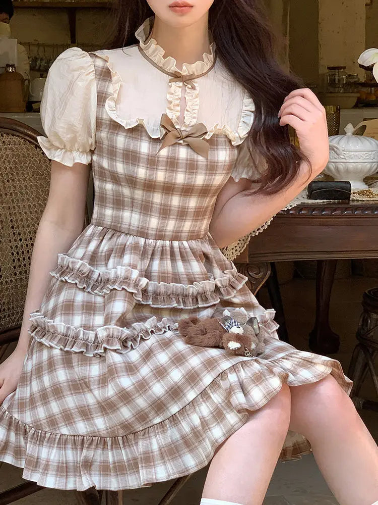Plaid Dress Short Sleeve Slim Party Y2k Mini Dress Kawaii Clothing One Piece Dress Korean Summer