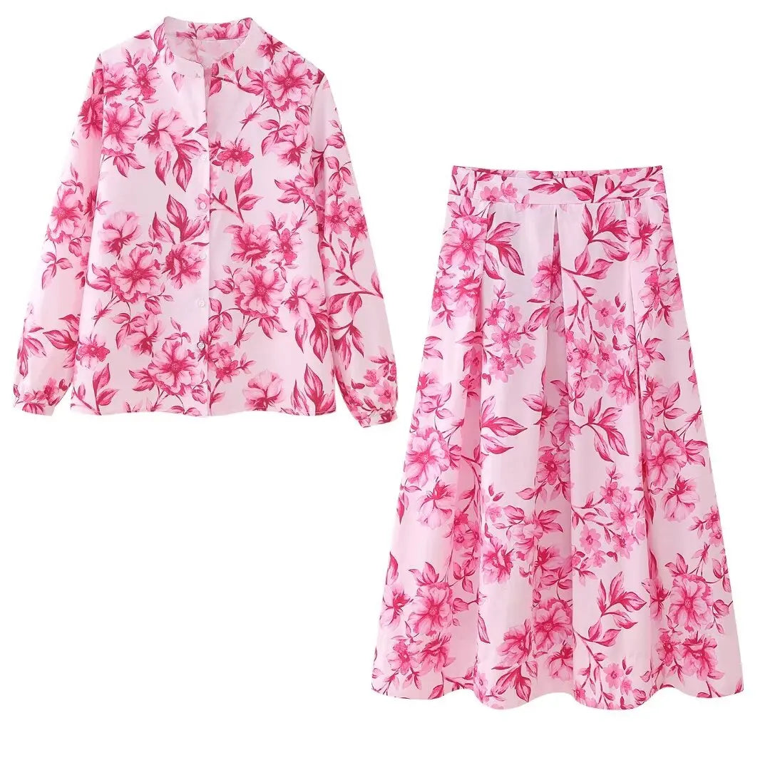 2 Piece Set Printed Long Sleeves Singlebreasted Top Blouse Female High Waist Aline Skirt