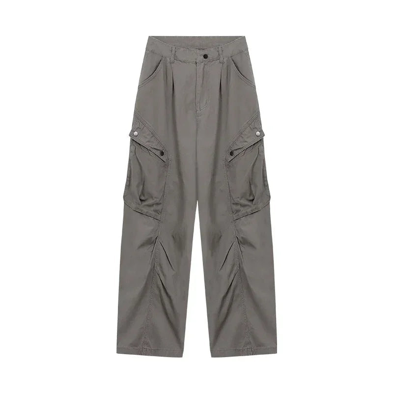 Pleated Pockets Straight Pants Spring New Korean High Waist All Match Loose Cargo Pants
