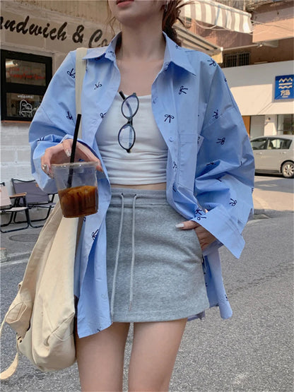 Printed Blue Shirts Autumn Daily Mujer New Loose High Street Full Sleeve Office Lady Coats