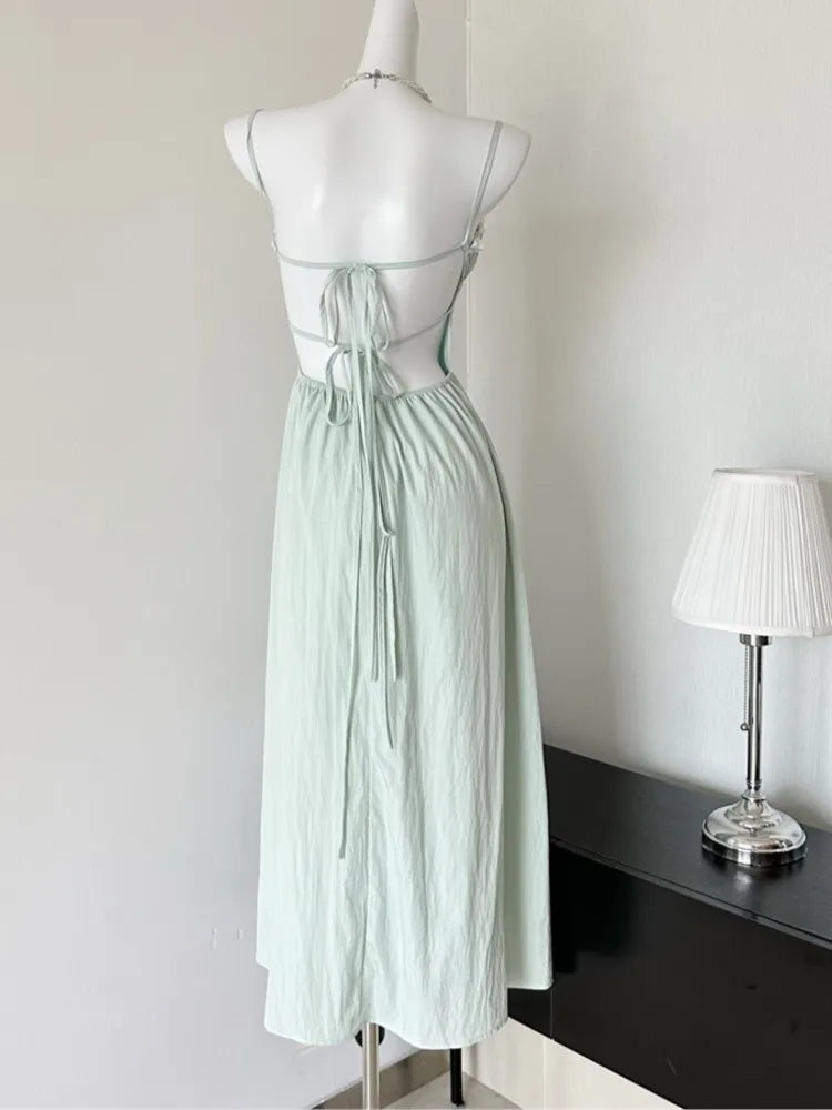Summer New Spaghetti Strap Backless Midi Dresses for Lace-up Sleeveless Beach Style Korean One Piece Vestido Mujer