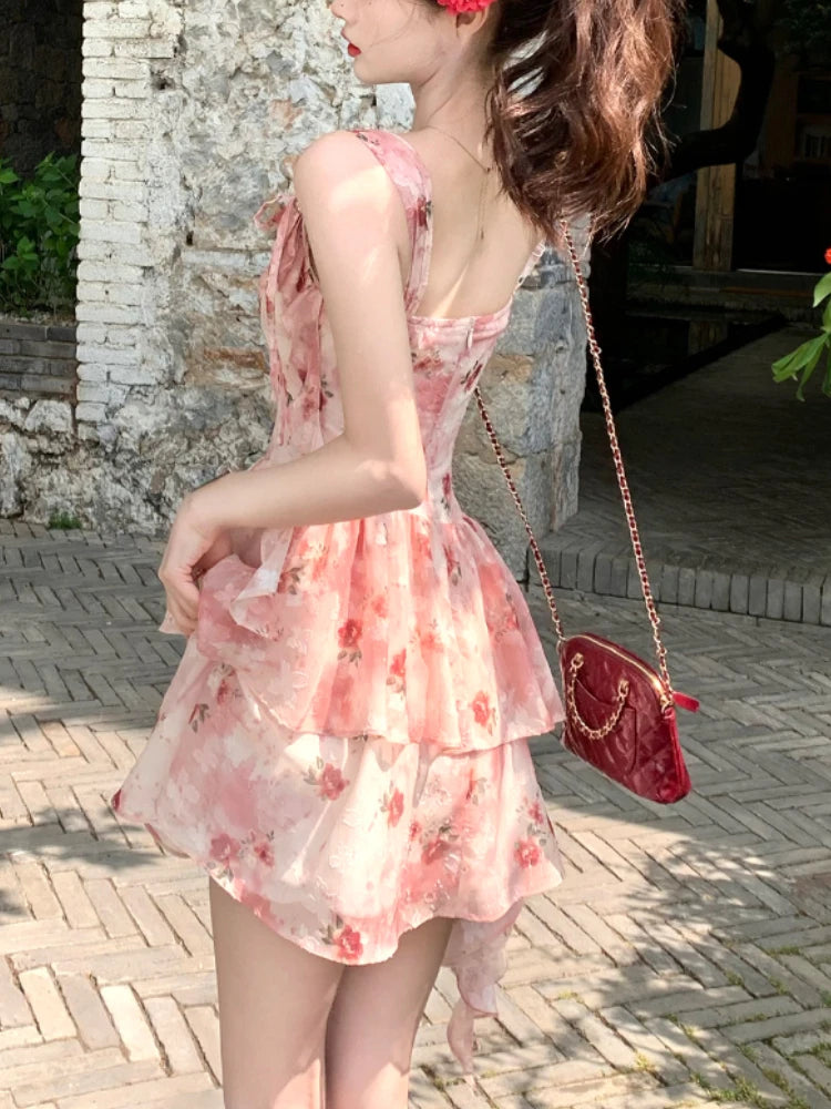 Summer French Dress Sweet Retro Slim Mini Dress Korean Y2k 2000s Strap Dress