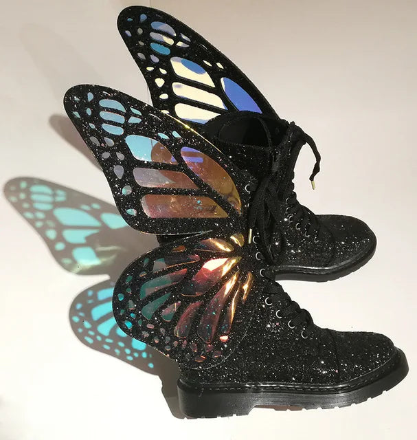 Shine Silver Real Leather Flat Sneakers Butterfly Wings Shoes Lace Up Ankle Boots Hightop Leisure Platform Shoes