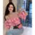 Korean Off Shoulder Woman Blouse Stacked Ruffles Crop Top Shirt Summer Designer Short Sleeve Chiffon New