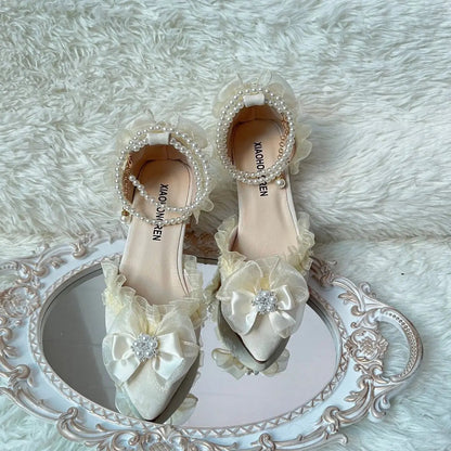 Lolita Sweet High Heel for Bow Slingback Shoes Wedding Shoes Bride Chunky Heel Shoes